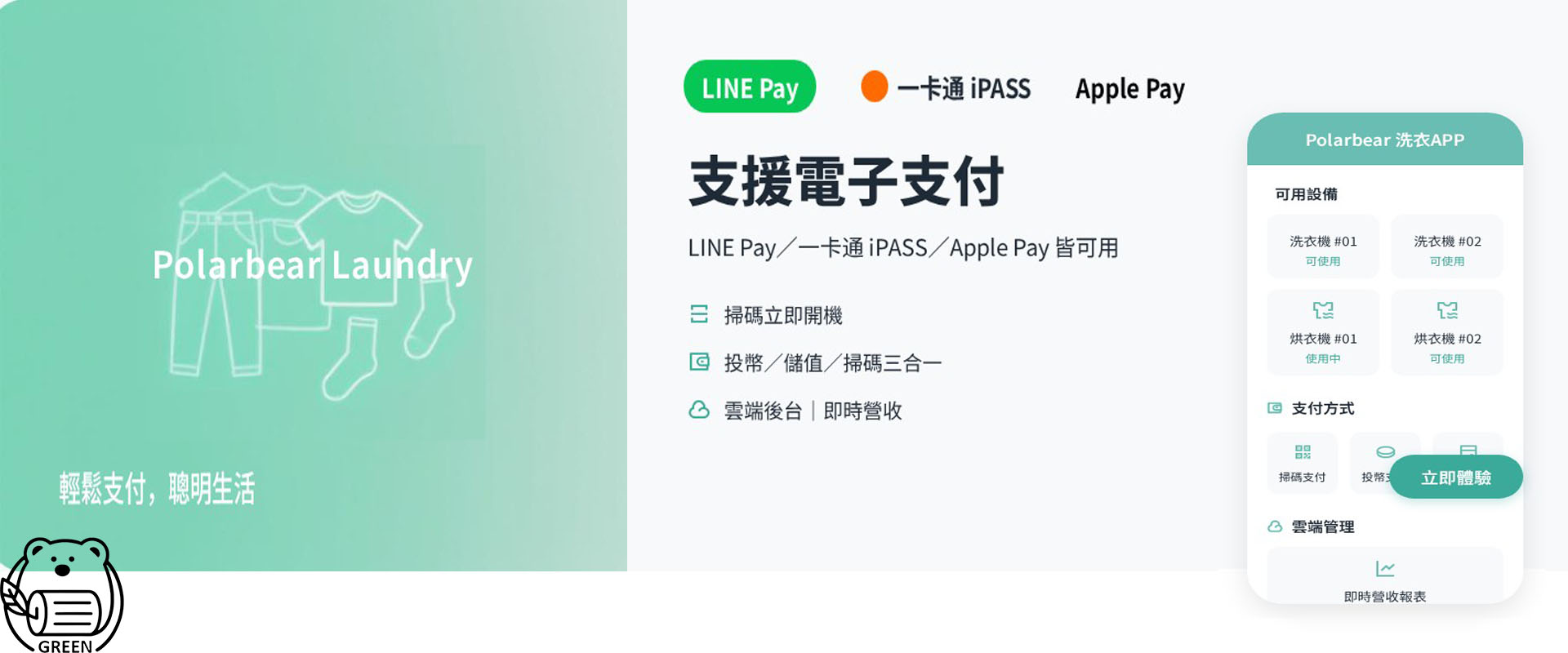 自助洗衣店的電子支付系統，展示多種付款方式