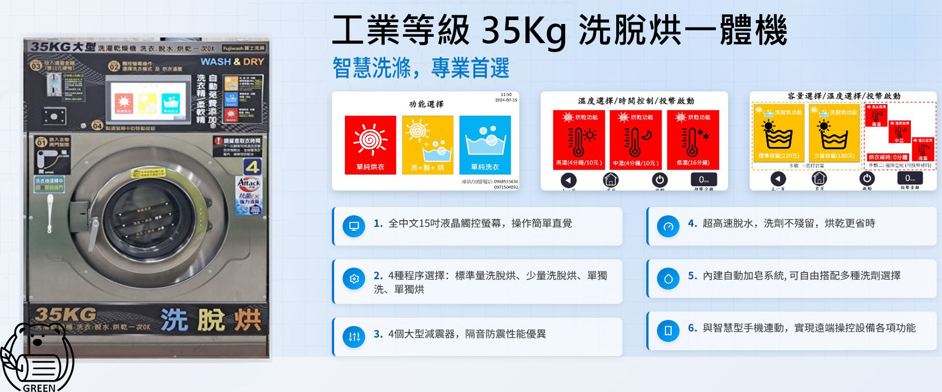 現代化洗脫烘一體機設備，展示先進的洗衣技術